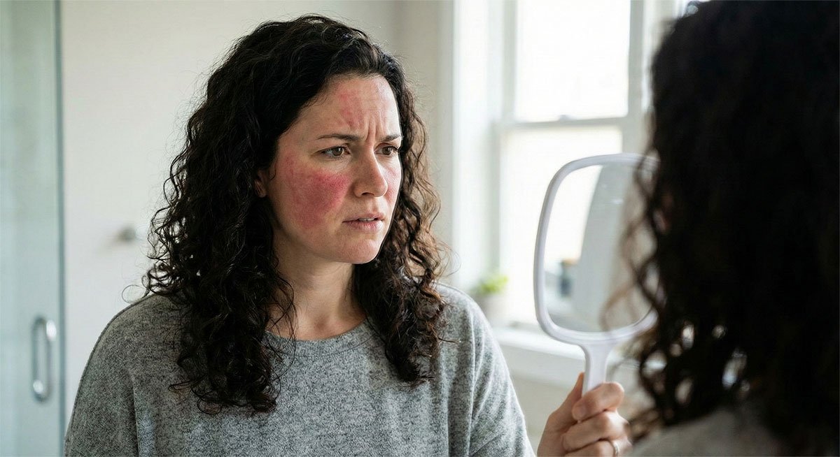 A concerned woman looking in the mirror at her red facial skin, representing the need for post-treatment soothing care.