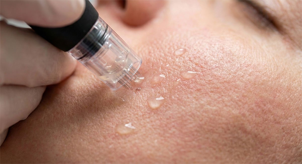 Close-up of professional microneedling treatment delivering skin booster serum into the dermis for skin rejuvenation.