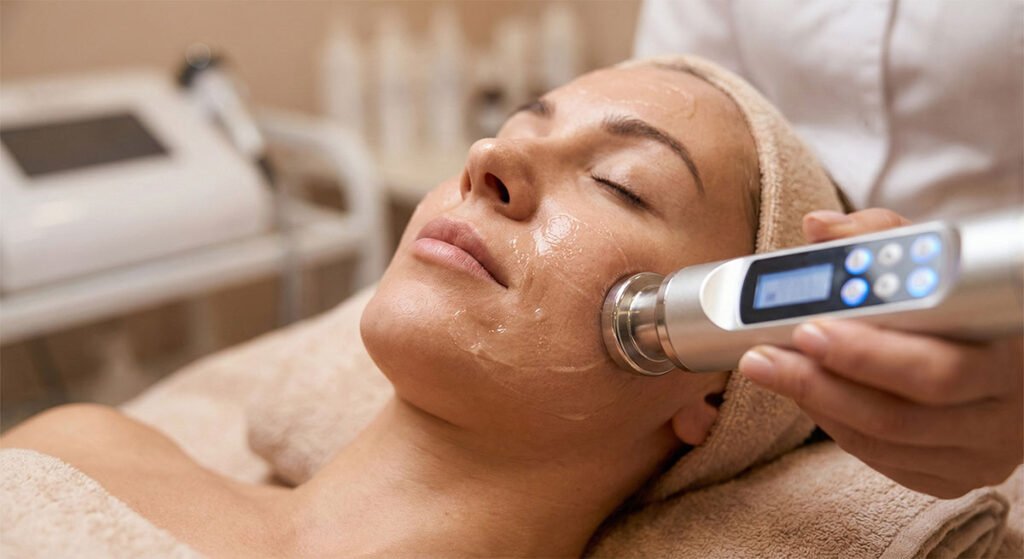 Professional medical aesthetic RF device applicator being used on a patient's face for skin tightening and lifting.