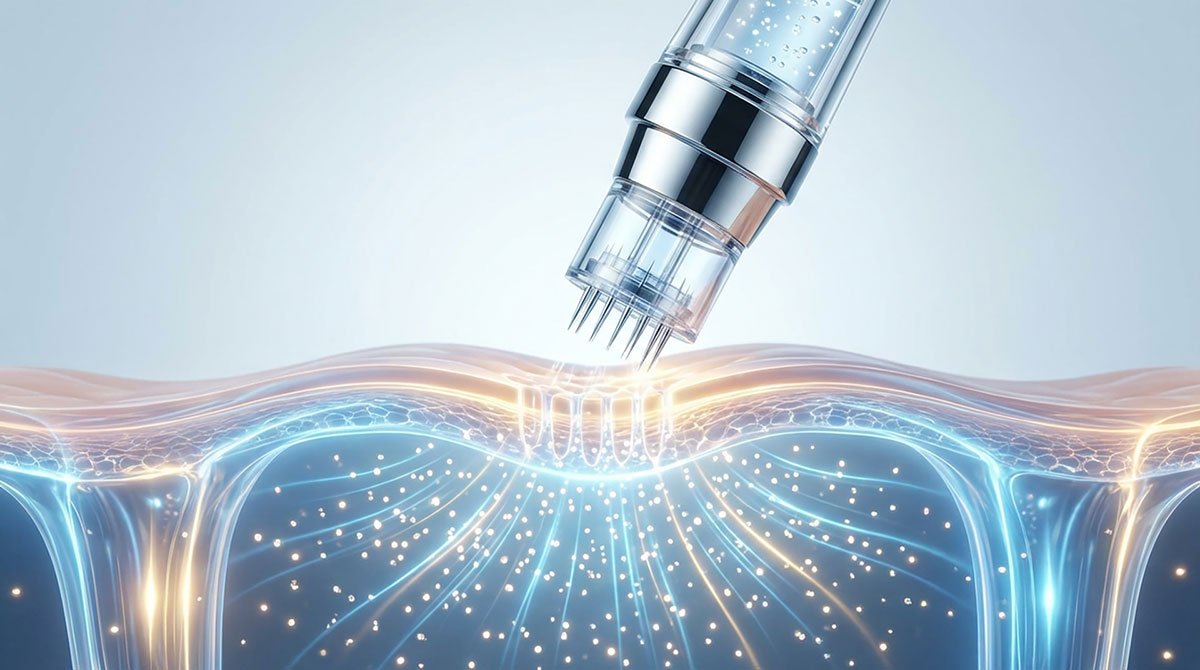Close-up conceptual illustration of microneedling skin booster device penetrating the skin layers, showing serum diffusion and collagen stimulation
