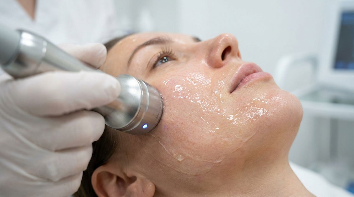 Ultrasound facial treatment being performed on a woman's face with serum gel during skin therapy session