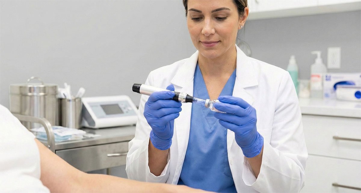 A female clinician in a white coat and blue gloves carefully assembling a medical microneedling device with a vial.