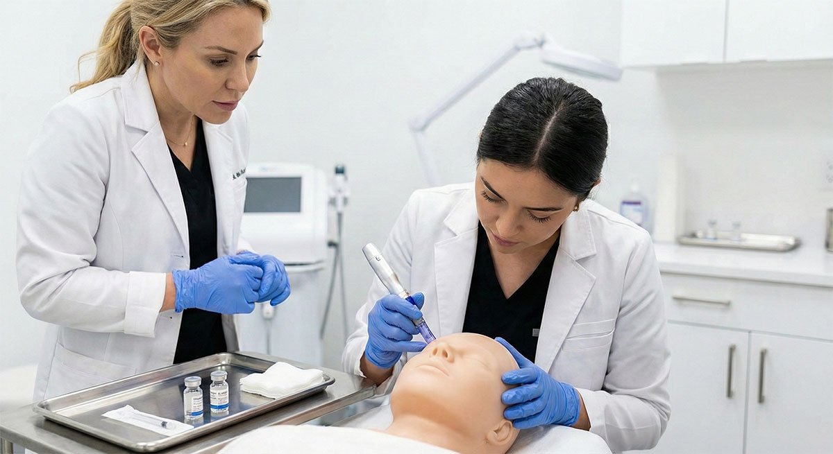 Two medical professionals in lab coats practicing a facial microneedling procedure on a patient mannequin.