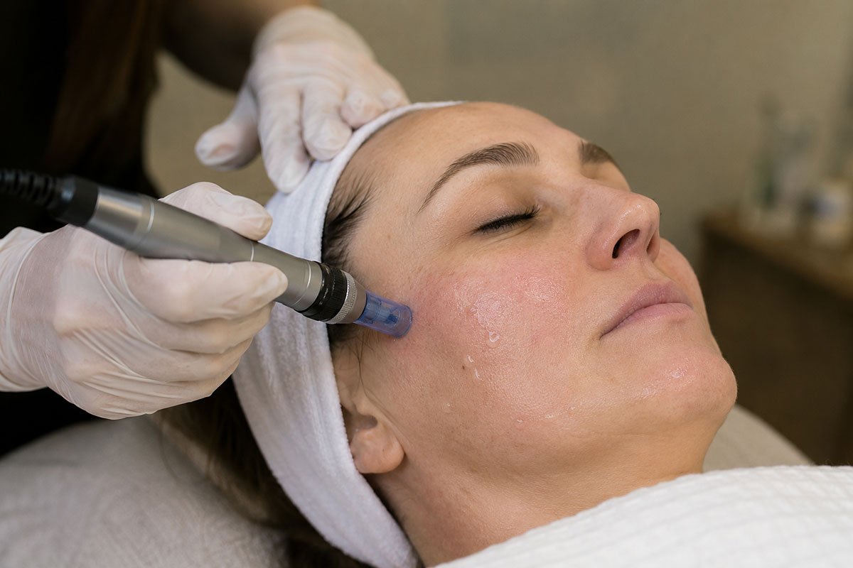 A woman receiving a microneedling facial treatment from a practitioner wearing white gloves