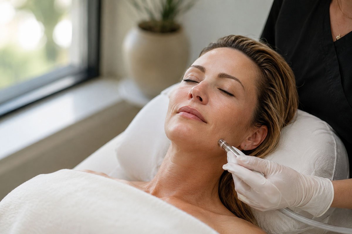 A woman lying down with eyes closed receiving a non-invasive facial rejuvenation treatment on her cheek