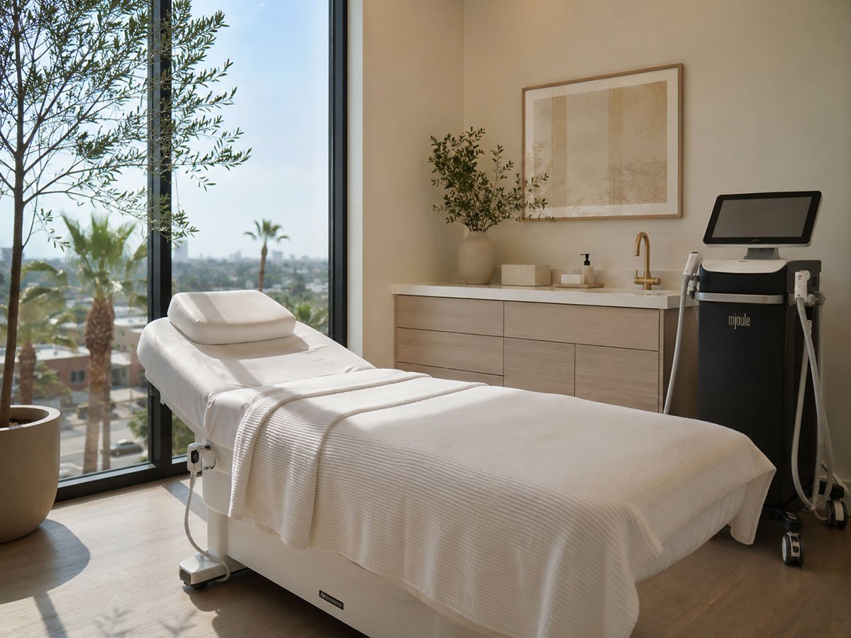 A modern, bright medical spa treatment room featuring a facial bed, a skincare machine, and a large window overlooking palm trees
