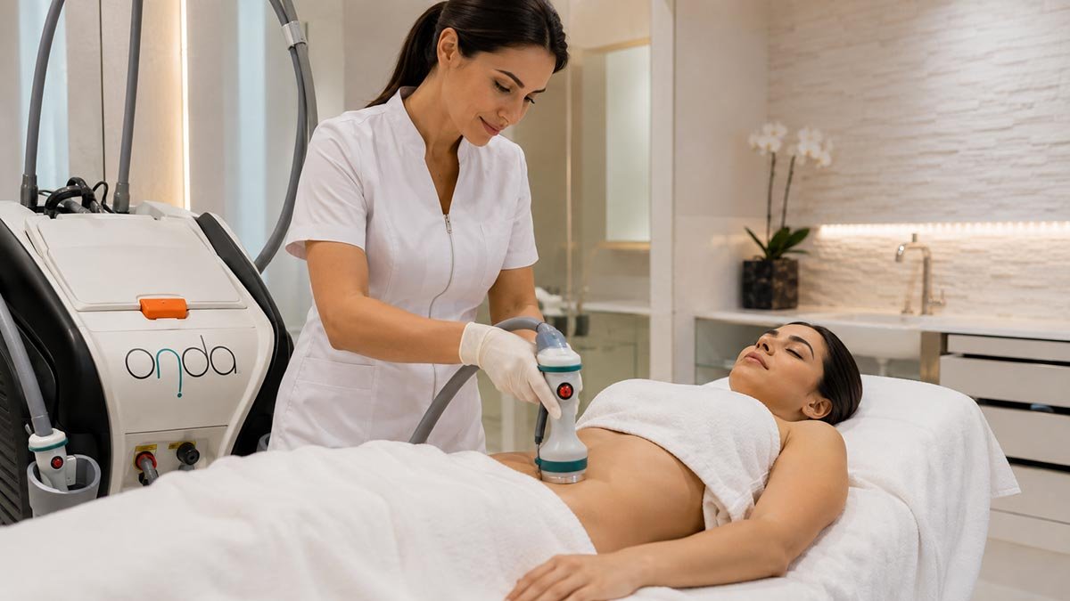 ONDA Coolwaves non-invasive body contouring treatment being performed on the abdomen in a medical aesthetics clinic