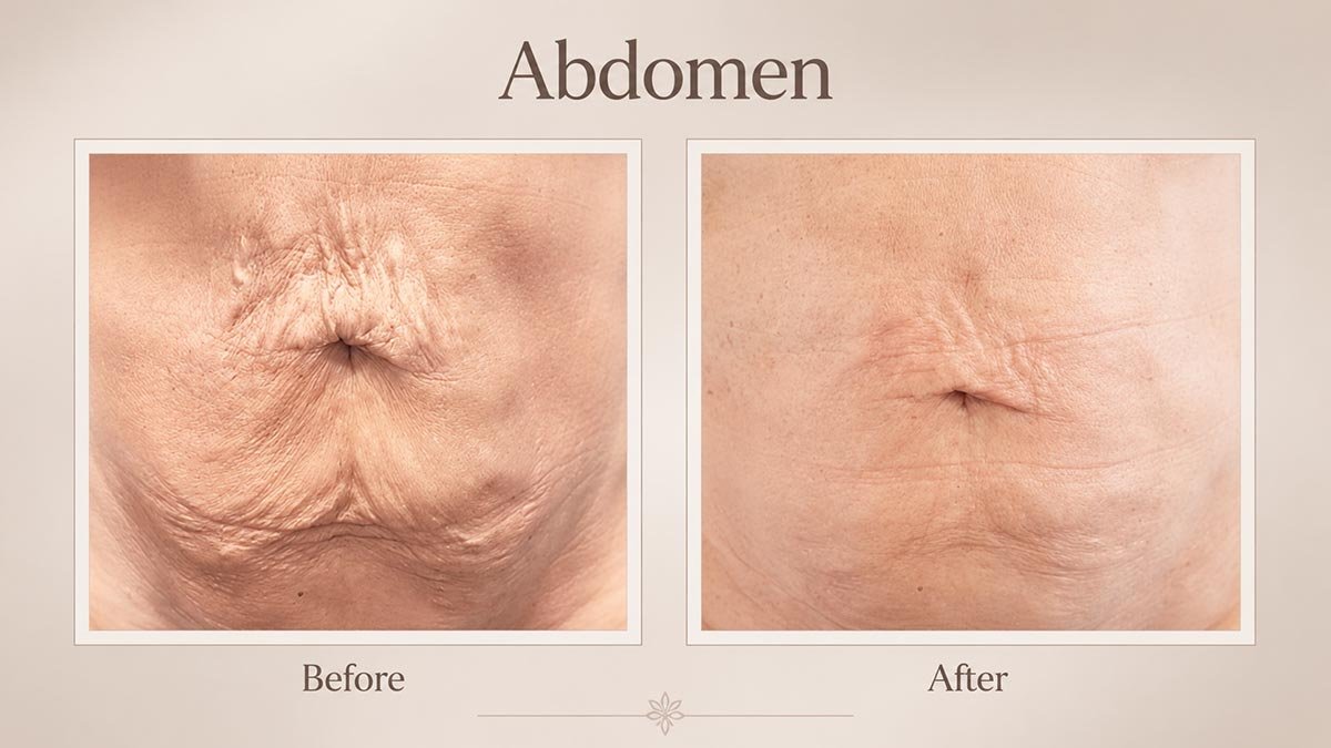 Before and after comparison of abdominal skin appearance following ONDA Coolwaves body contouring and skin tightening treatment