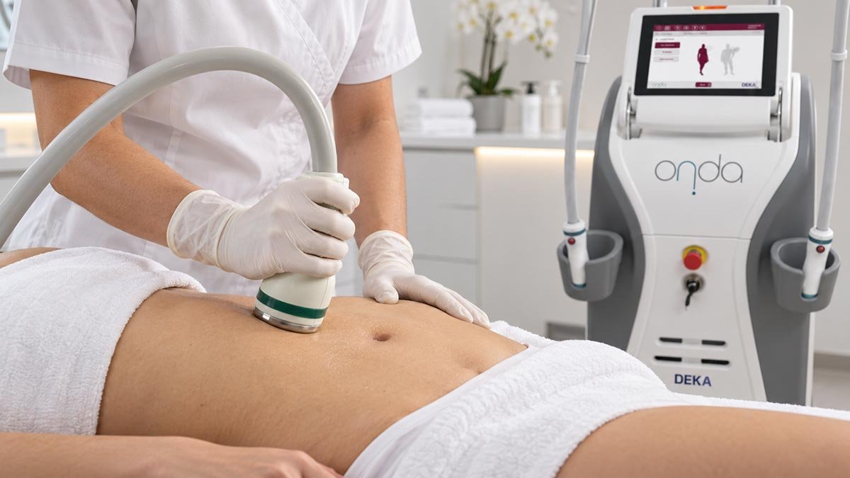 ONDA Coolwaves handpiece used for non-invasive body contouring treatment on the abdomen