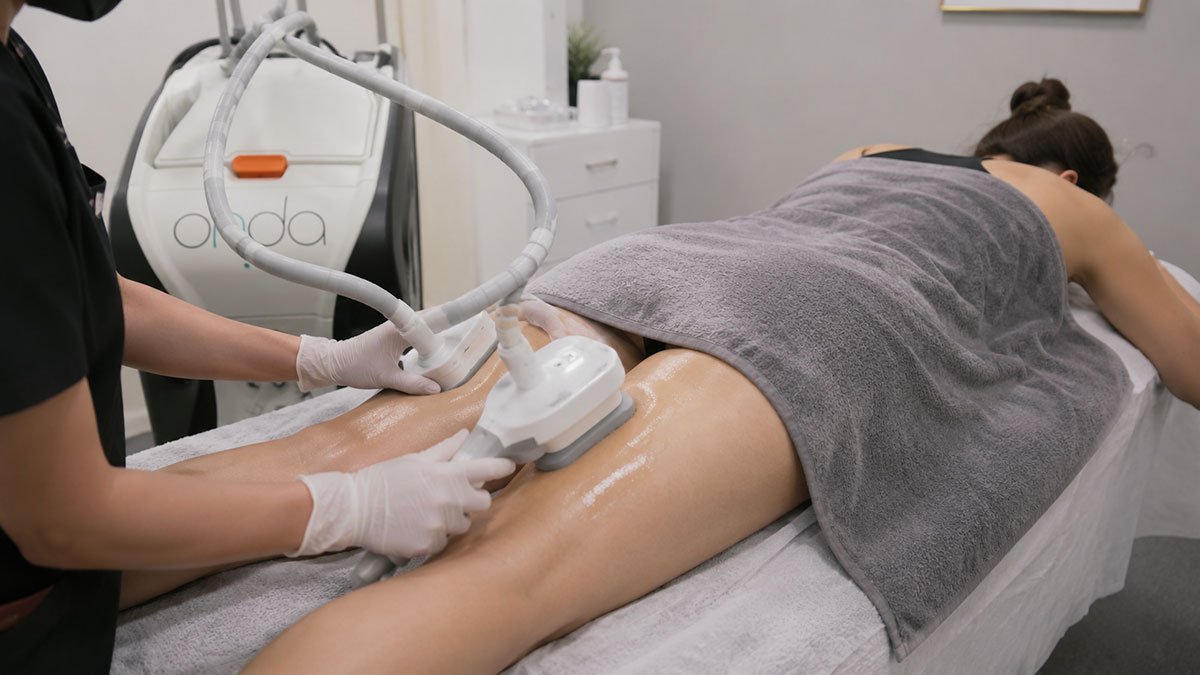 A person lying face down on a treatment table receiving a body contouring or cellulite reduction treatment on the back of their thighs using an Onda machine