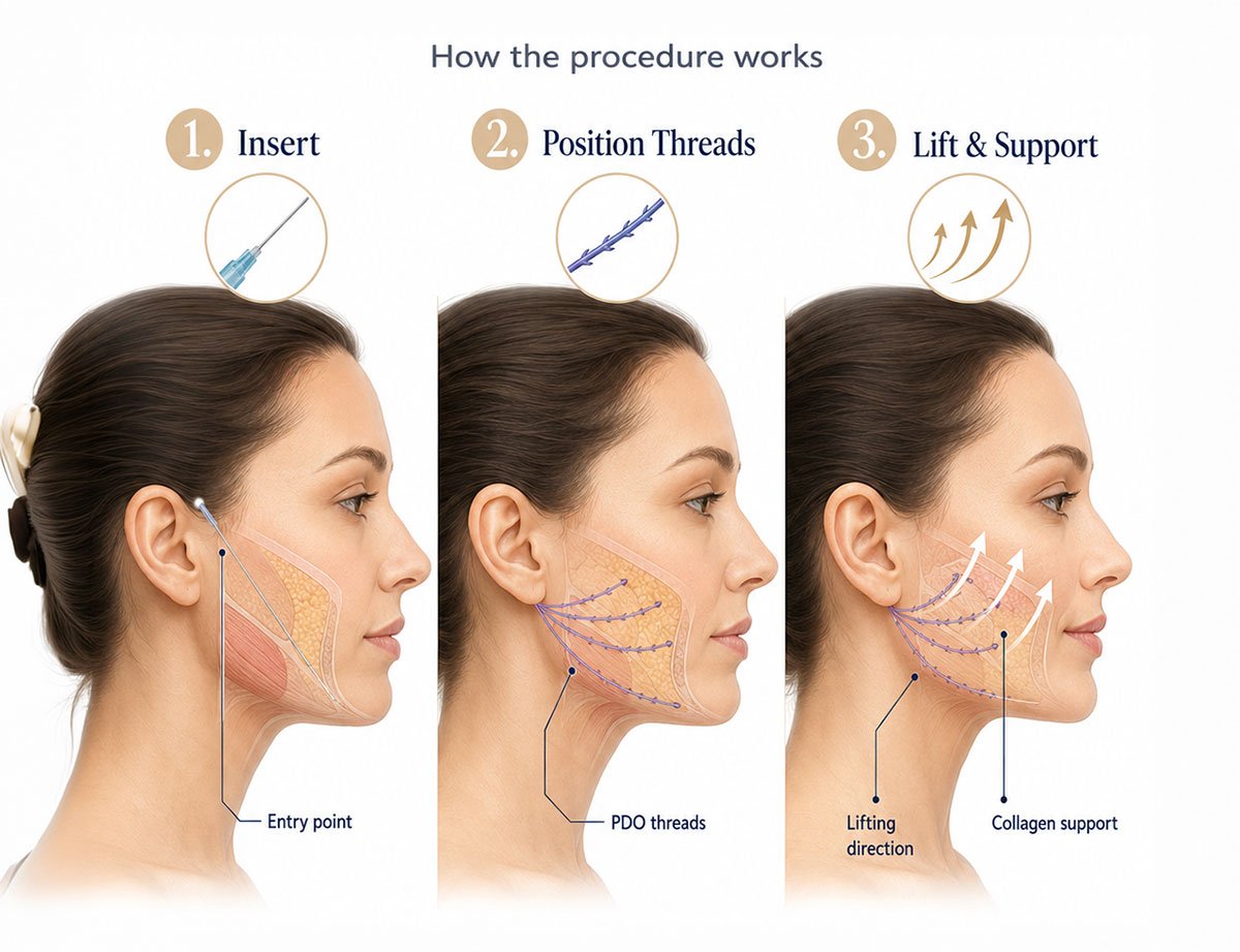Infographic diagram titled 'How the procedure works' demonstrating the three steps of a PDO thread lift: Insert, Position Threads, and Lift & Support on a female profile view